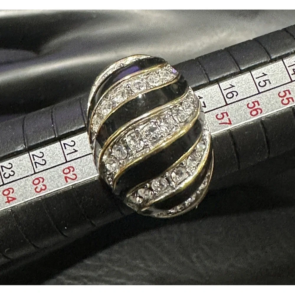 Black Enamel Clear Rhinestone Swirl Design Statement‎ Ring Gold Tone Sz 9 EDCO